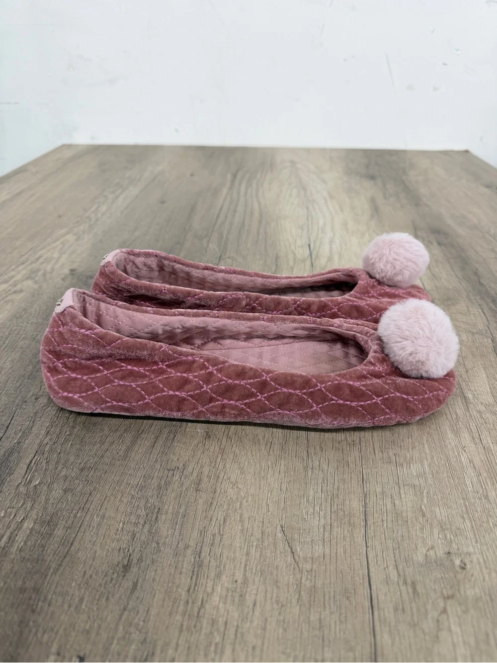 Kate Spade Pink Quilted Velvet Pom Pom Ballet slipper size 10